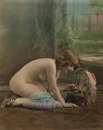 (NUDES) A group of 14 artfully and vibrantly hand-colored female nude studies.